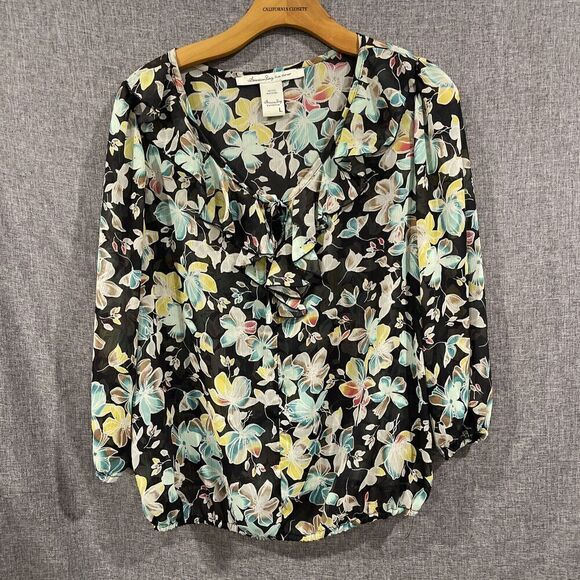 American Rag Tops - American Rag Women Sz L Black Sheer Floral Bouse Round Tie Neck Balloon Sleeve